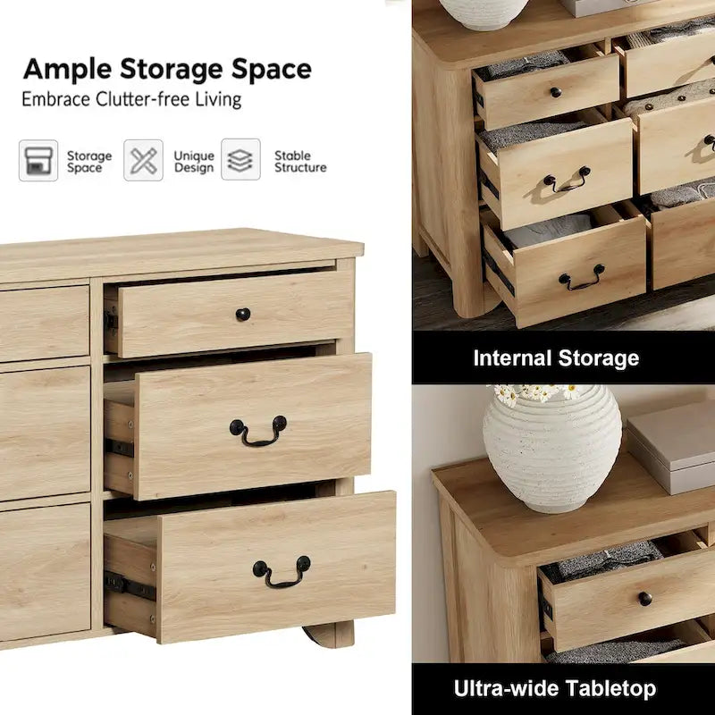 Meuble TV en bois de style rustique WAMPAT avec 6 tiroirs pour téléviseurs jusqu'à 55 pouces, meuble de rangement pour centre de divertissement