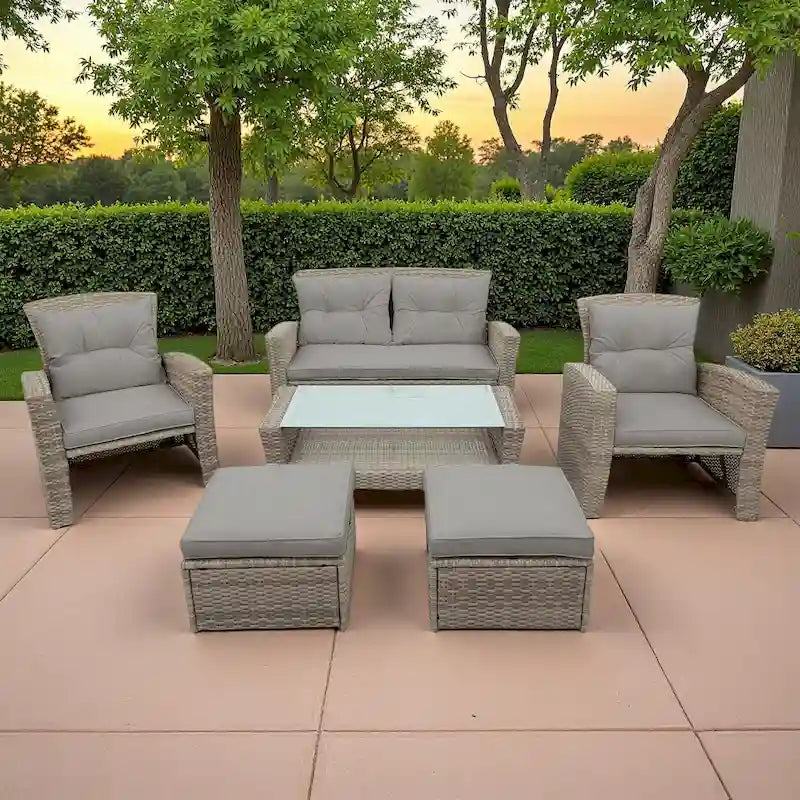 Ensemble de canapé de conversation de patio extérieur en rotin 6 pièces avec table basse en verre trempé et pouf