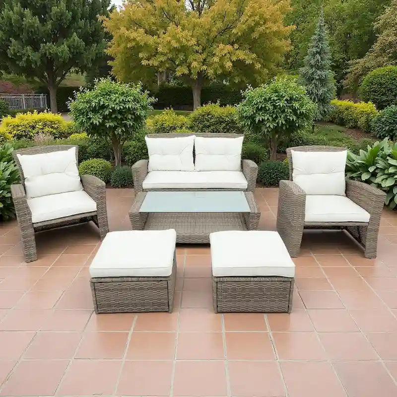 6-Piece Outdoor Patio Rattan Conversation Sofa Set with Tempered Glass Coffee Table and Ottoman