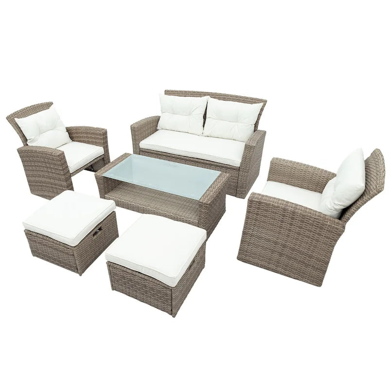 Ensemble de canapé de conversation de patio extérieur en rotin 6 pièces avec table basse en verre trempé et pouf