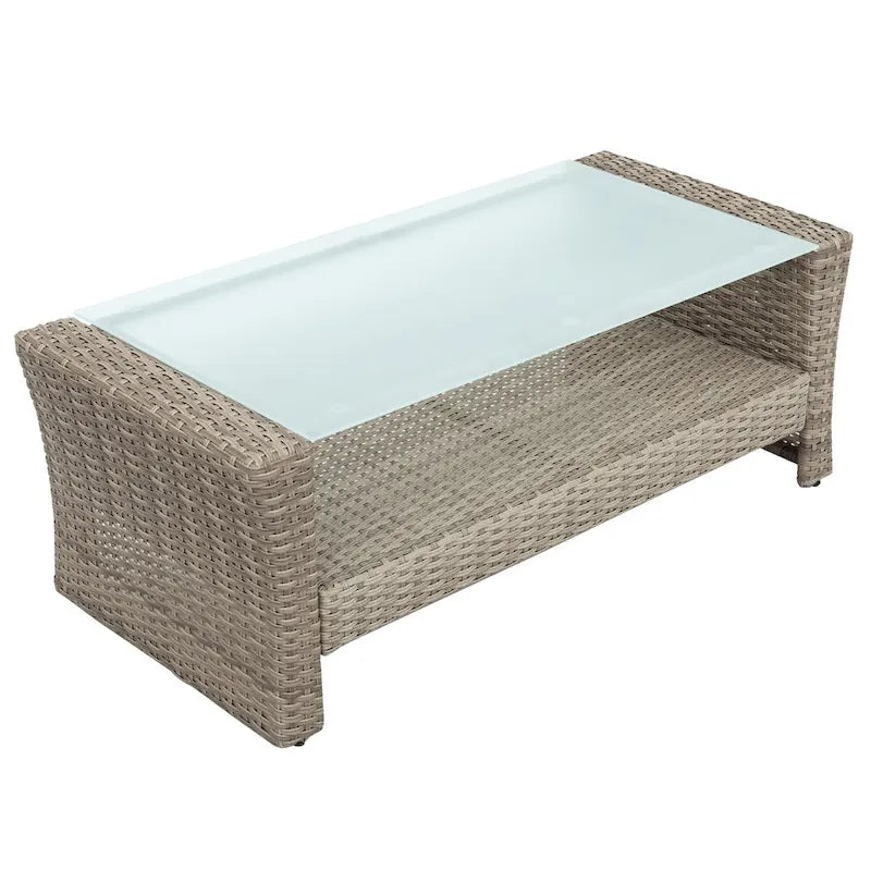 Ensemble de canapé de conversation de patio extérieur en rotin 6 pièces avec table basse en verre trempé et pouf