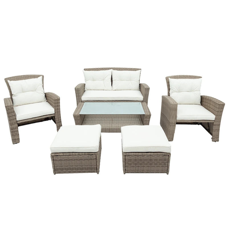 Ensemble de canapé de conversation de patio extérieur en rotin 6 pièces avec table basse en verre trempé et pouf