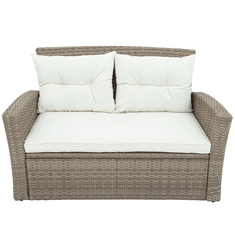 Ensemble de canapé de conversation de patio extérieur en rotin 6 pièces avec table basse en verre trempé et pouf