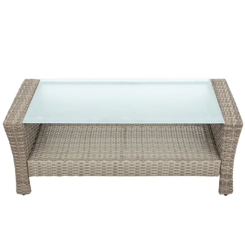 Ensemble de canapé de conversation de patio extérieur en rotin 6 pièces avec table basse en verre trempé et pouf