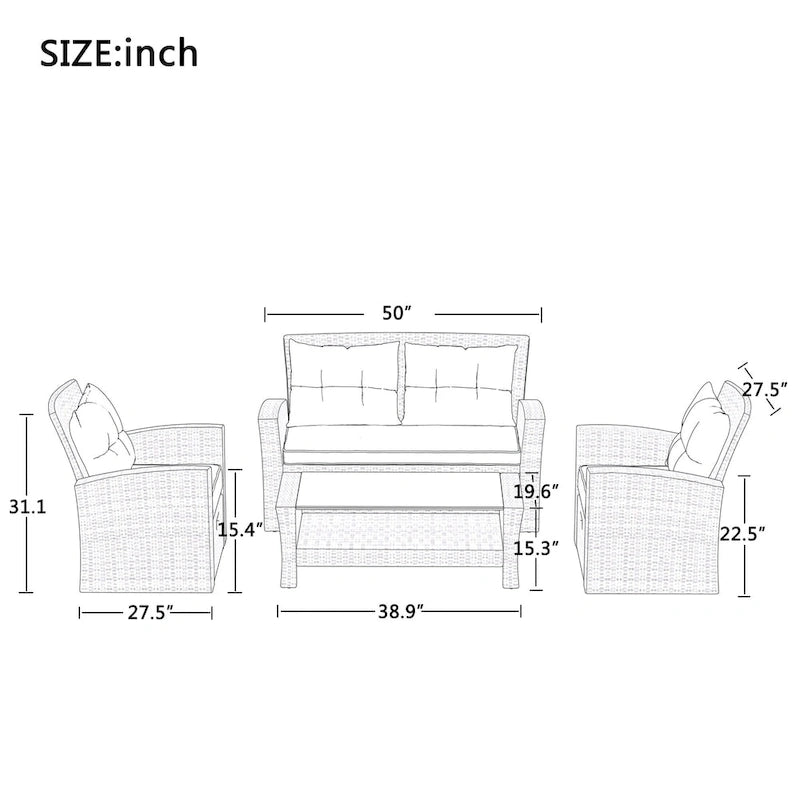 Ensemble de canapé de conversation de patio extérieur en rotin 6 pièces avec table basse en verre trempé et pouf