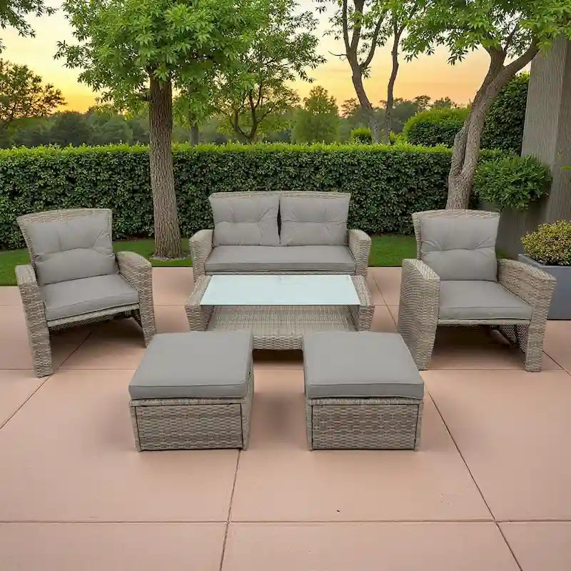 Ensemble de canapé de conversation de patio extérieur en rotin 6 pièces avec table basse en verre trempé et pouf