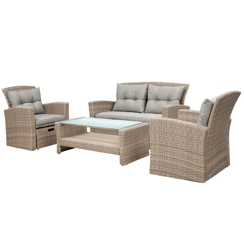 Ensemble de canapé de conversation de patio extérieur en rotin 6 pièces avec table basse en verre trempé et pouf