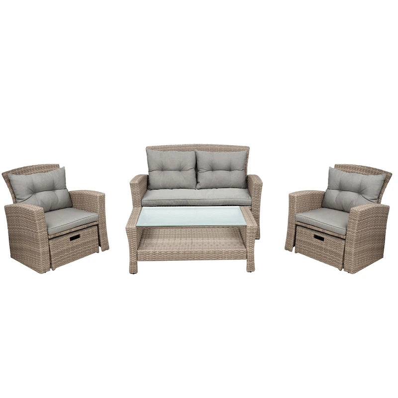 Ensemble de canapé de conversation de patio extérieur en rotin 6 pièces avec table basse en verre trempé et pouf