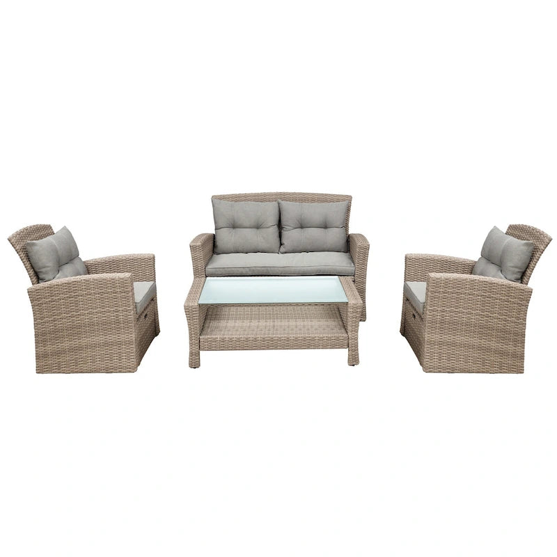 Ensemble de canapé de conversation de patio extérieur en rotin 6 pièces avec table basse en verre trempé et pouf