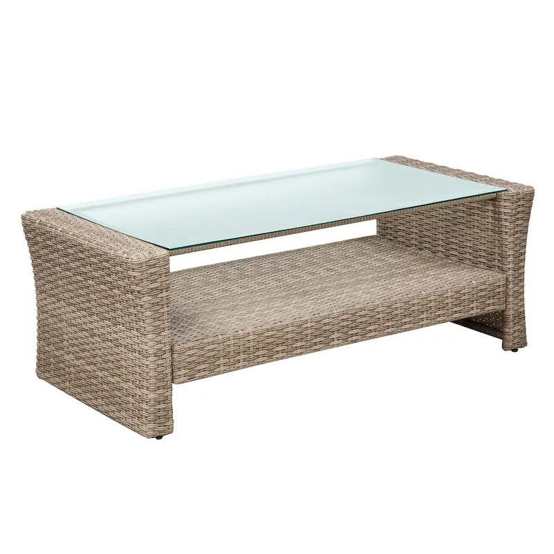Ensemble de canapé de conversation de patio extérieur en rotin 6 pièces avec table basse en verre trempé et pouf