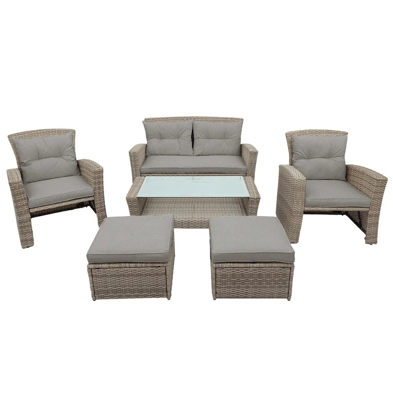 Ensemble de canapé de conversation de patio extérieur en rotin 6 pièces avec table basse en verre trempé et pouf