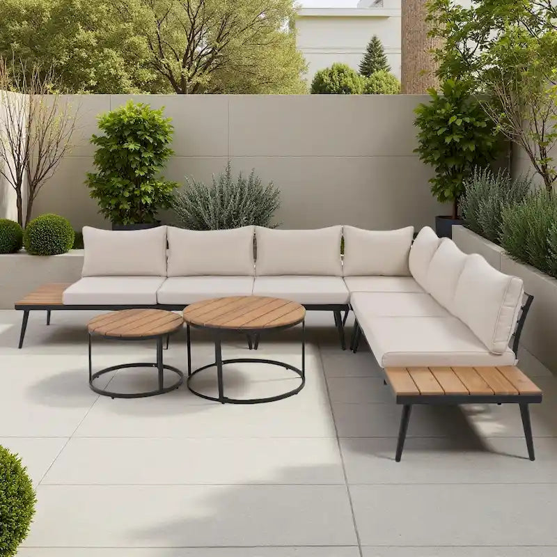 Ensemble de canapé modulaire d'extérieur 6 pièces en fer forgé avec tables basses gigognes et étagère de rangement latérale