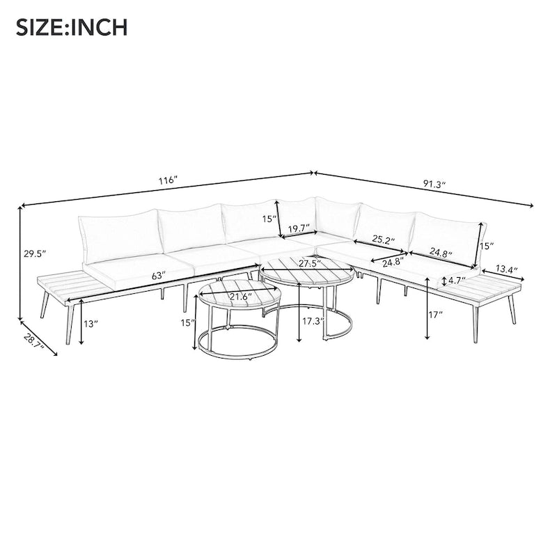 Ensemble de canapé modulaire d'extérieur 6 pièces en fer forgé avec tables basses gigognes et étagère de rangement latérale