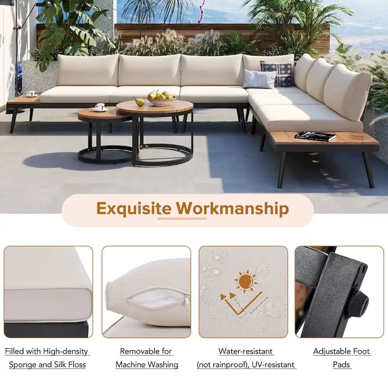 Ensemble de canapé modulaire d'extérieur 6 pièces en fer forgé avec tables basses gigognes et étagère de rangement latérale