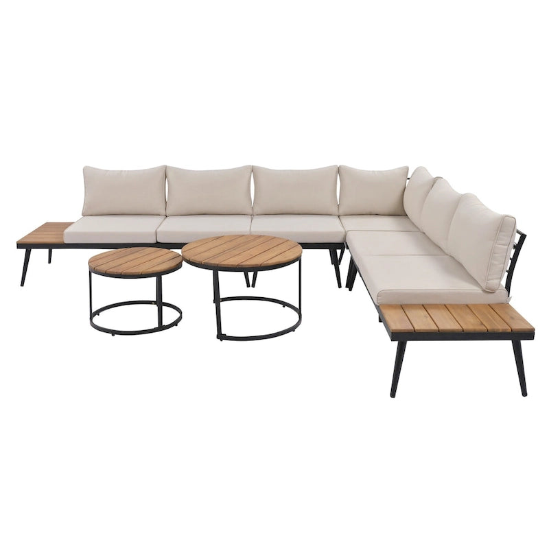 Ensemble de canapé modulaire d'extérieur 6 pièces en fer forgé avec tables basses gigognes et étagère de rangement latérale