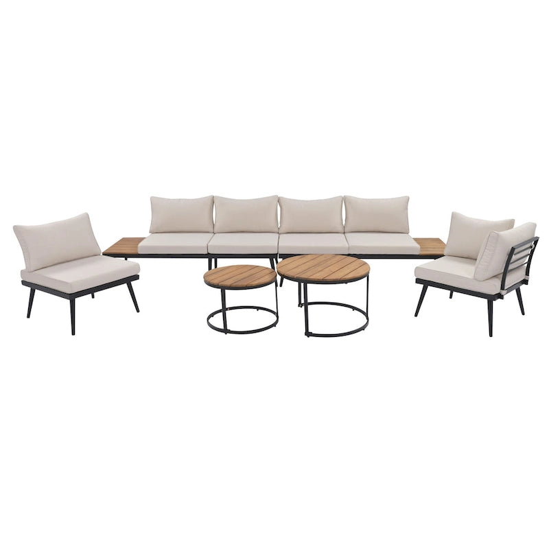 Ensemble de canapé modulaire d'extérieur 6 pièces en fer forgé avec tables basses gigognes et étagère de rangement latérale