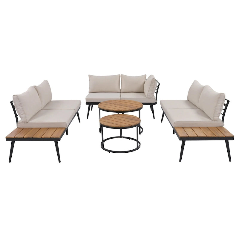Ensemble de canapé modulaire d'extérieur 6 pièces en fer forgé avec tables basses gigognes et étagère de rangement latérale