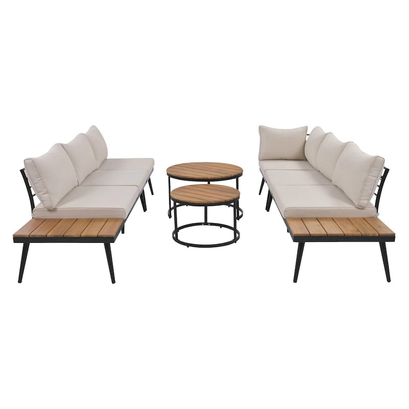 Ensemble de canapé modulaire d'extérieur 6 pièces en fer forgé avec tables basses gigognes et étagère de rangement latérale