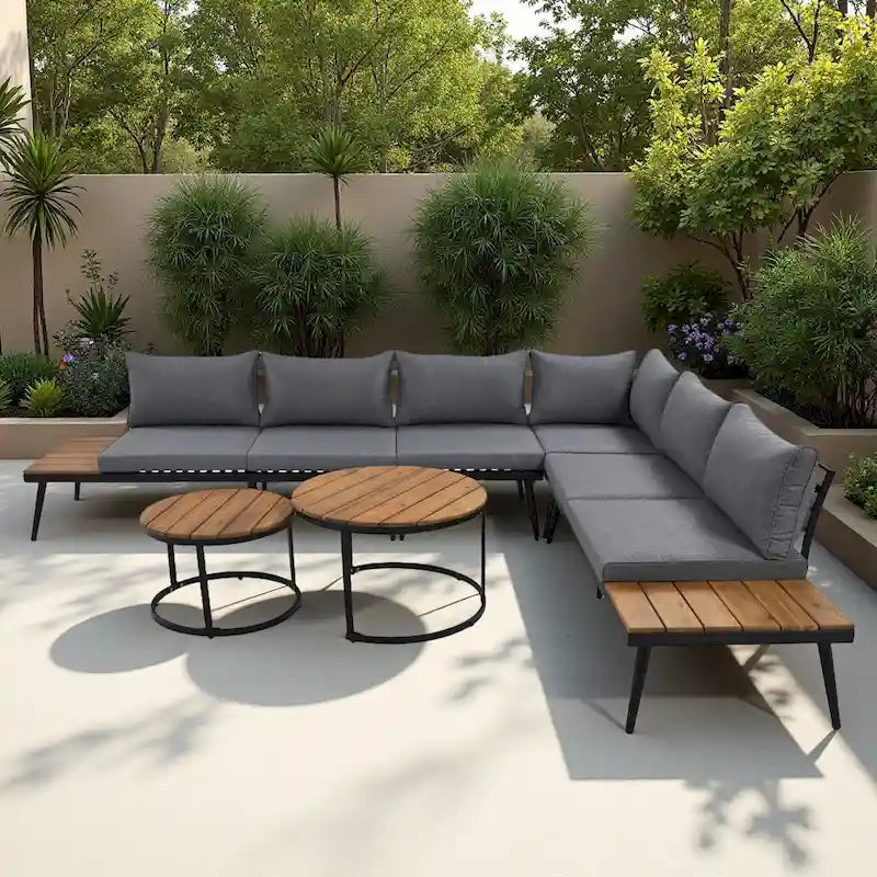 Ensemble de canapé modulaire d'extérieur 6 pièces en fer forgé avec tables basses gigognes et étagère de rangement latérale