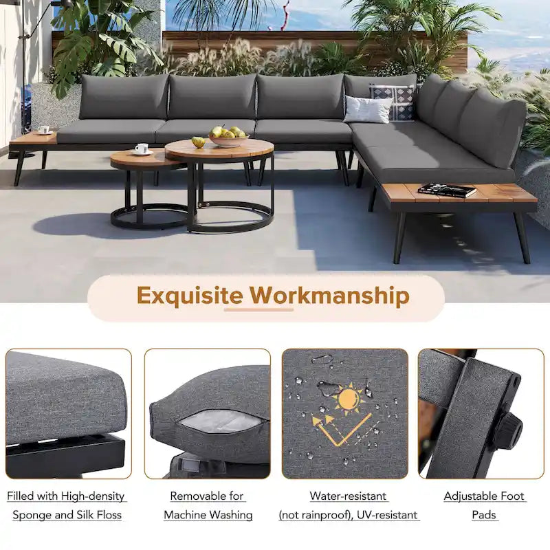 Ensemble de canapé modulaire d'extérieur 6 pièces en fer forgé avec tables basses gigognes et étagère de rangement latérale