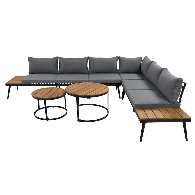Ensemble de canapé modulaire d'extérieur 6 pièces en fer forgé avec tables basses gigognes et étagère de rangement latérale