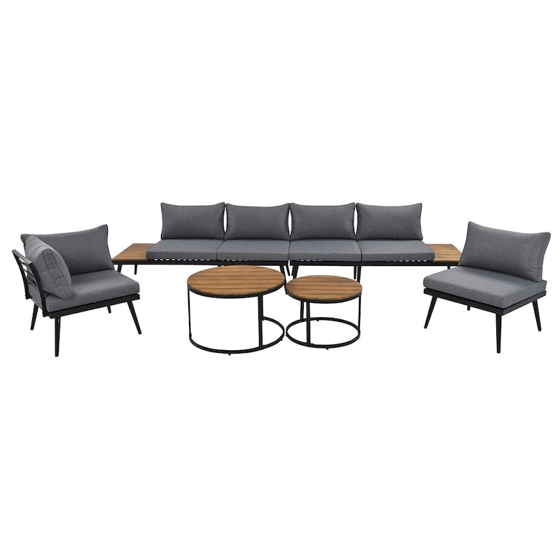 Ensemble de canapé modulaire d'extérieur 6 pièces en fer forgé avec tables basses gigognes et étagère de rangement latérale