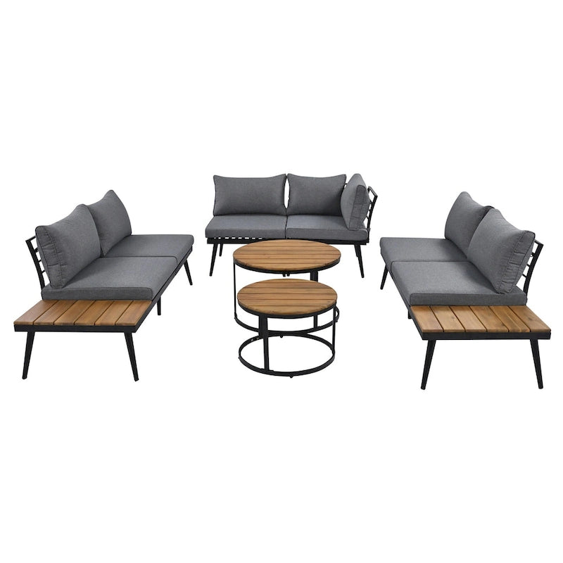 Ensemble de canapé modulaire d'extérieur 6 pièces en fer forgé avec tables basses gigognes et étagère de rangement latérale