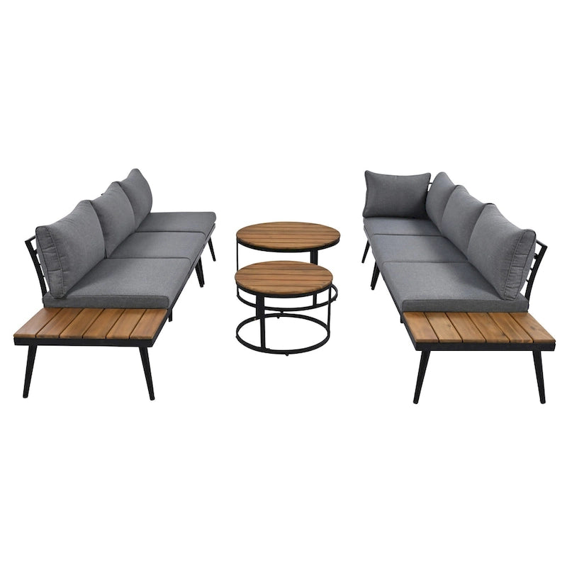 Ensemble de canapé modulaire d'extérieur 6 pièces en fer forgé avec tables basses gigognes et étagère de rangement latérale