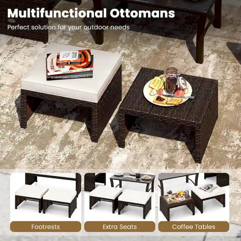 Costway 2 poufs de patio en rotin PE avec coussins doux à fermeture éclair - Voir les détails