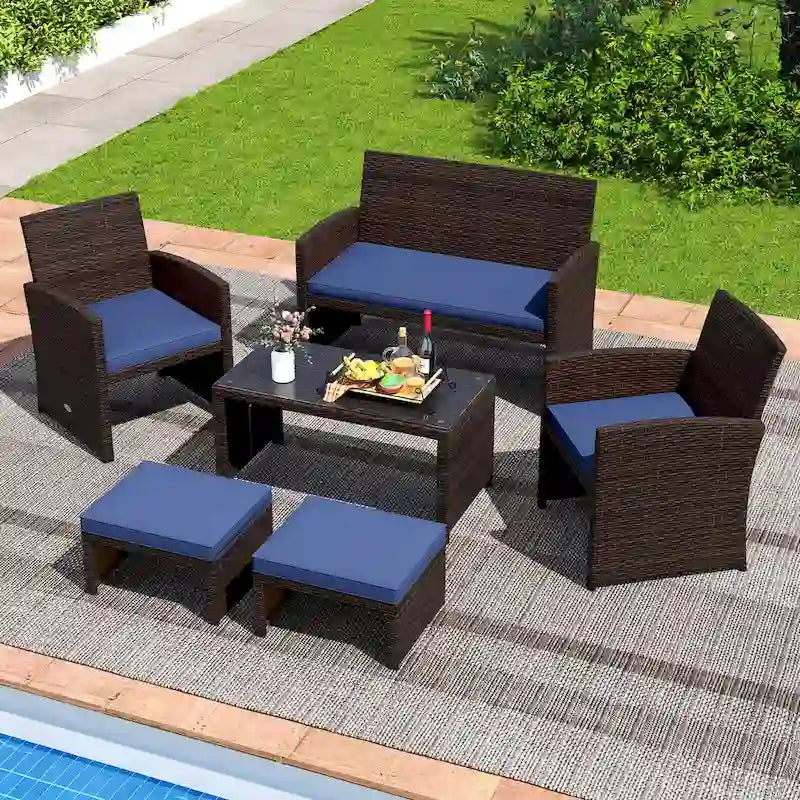 Costway 2 poufs de patio en rotin PE avec coussins doux à fermeture éclair - Voir les détails