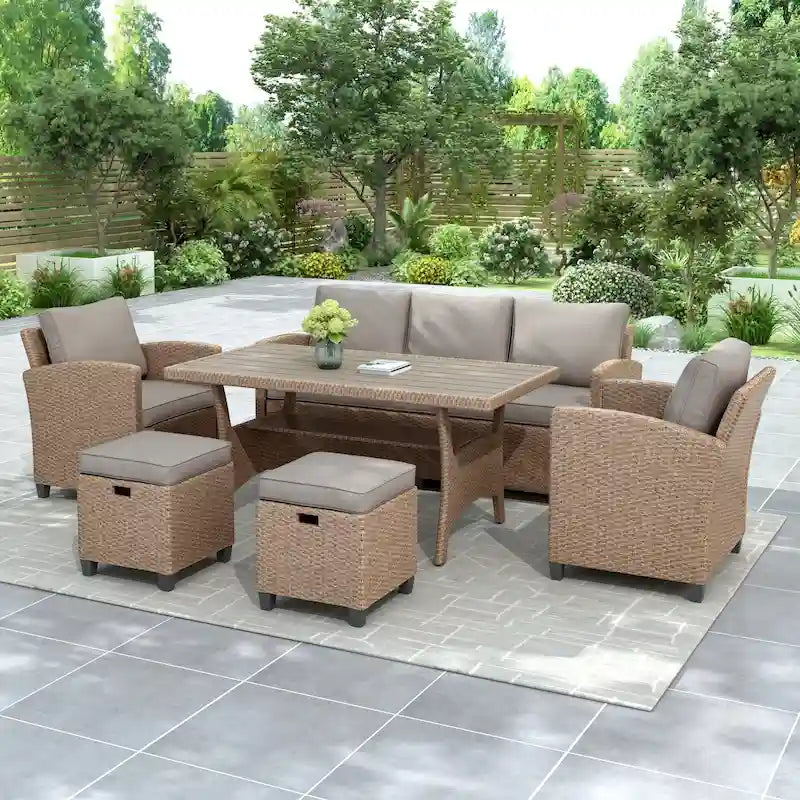 Ensemble de patio en rotin et osier 6 pièces, canapé, chaise, tabourets et table pour jardin et arrière-cour