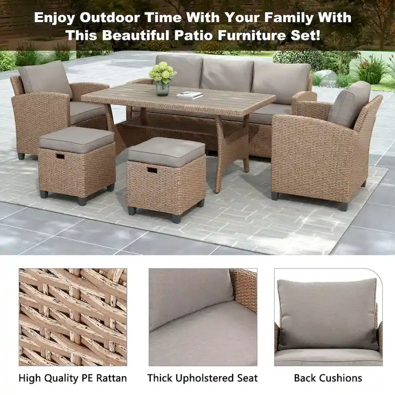 Ensemble de patio en rotin et osier 6 pièces, canapé, chaise, tabourets et table pour jardin et arrière-cour