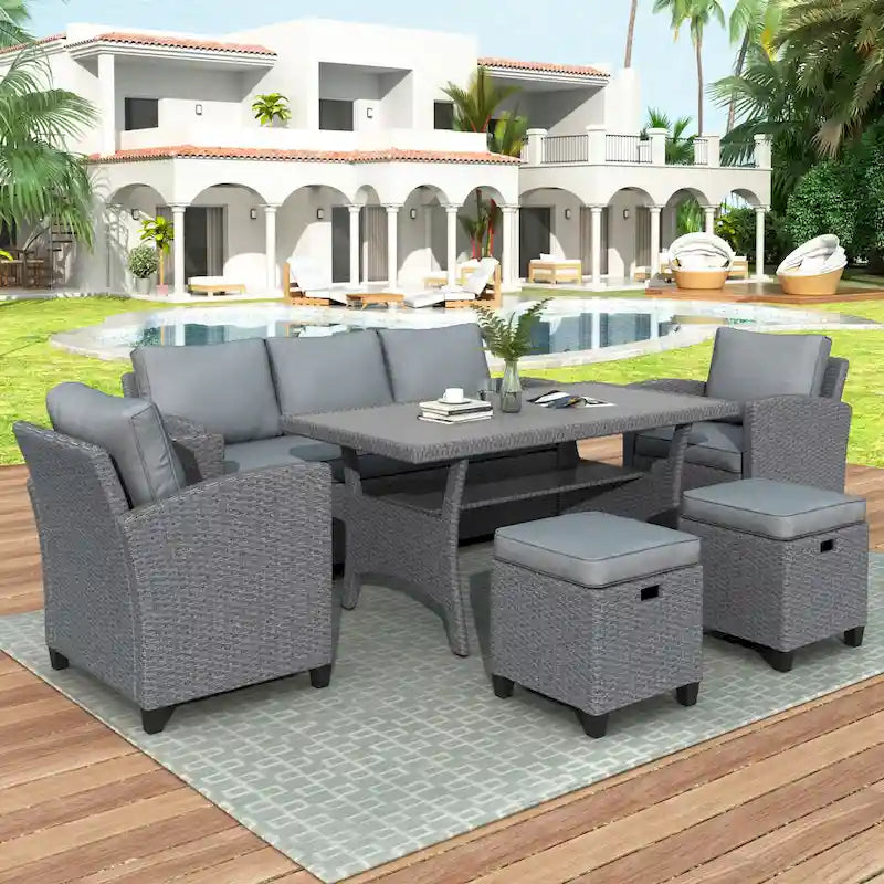 Ensemble de patio en rotin et osier 6 pièces, canapé, chaise, tabourets et table pour jardin et arrière-cour