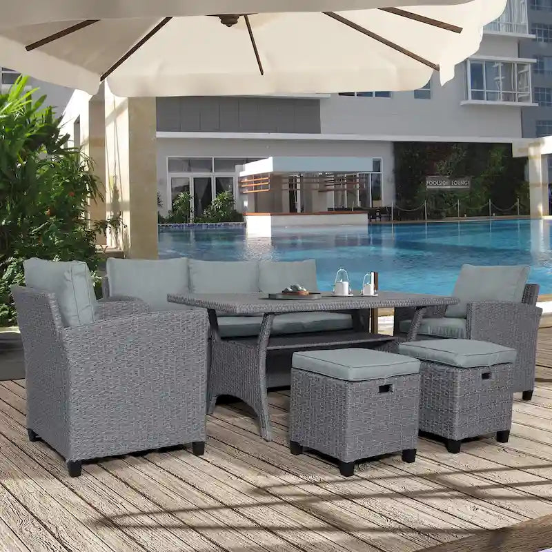 Ensemble de patio en rotin et osier 6 pièces, canapé, chaise, tabourets et table pour jardin et arrière-cour
