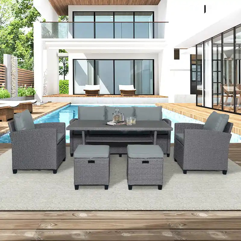Ensemble de patio en rotin et osier 6 pièces, canapé, chaise, tabourets et table pour jardin et arrière-cour