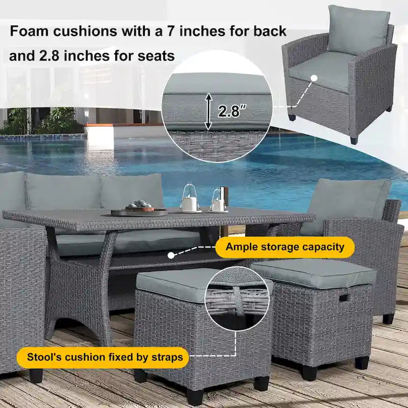 Ensemble de patio en rotin et osier 6 pièces, canapé, chaise, tabourets et table pour jardin et arrière-cour
