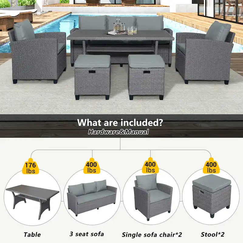 Ensemble de patio en rotin et osier 6 pièces, canapé, chaise, tabourets et table pour jardin et arrière-cour