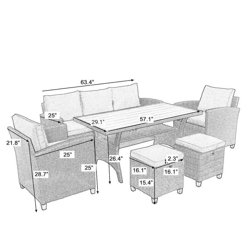 Ensemble de patio en rotin et osier 6 pièces, canapé, chaise, tabourets et table pour jardin et arrière-cour