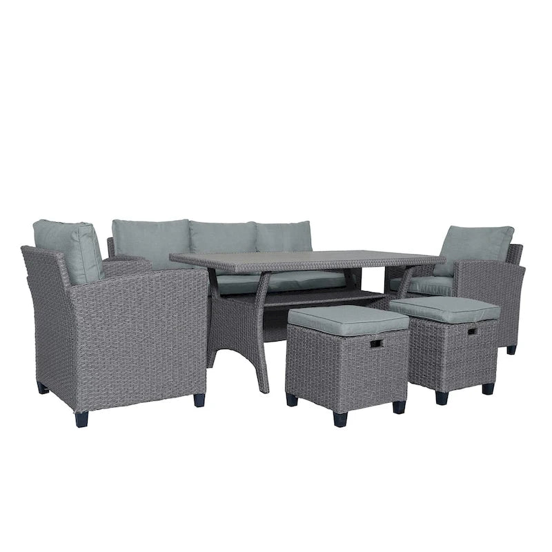 Ensemble de patio en rotin et osier 6 pièces, canapé, chaise, tabourets et table pour jardin et arrière-cour