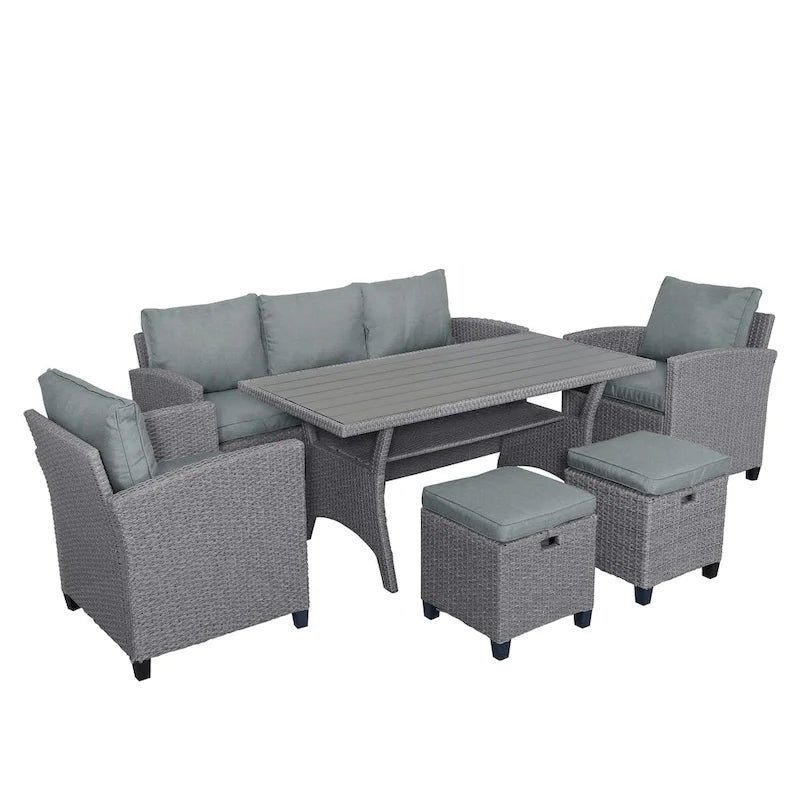 Ensemble de patio en rotin et osier 6 pièces, canapé, chaise, tabourets et table pour jardin et arrière-cour