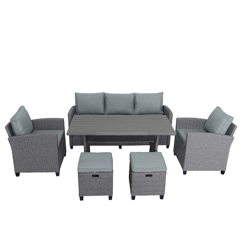 Ensemble de patio en rotin et osier 6 pièces, canapé, chaise, tabourets et table pour jardin et arrière-cour