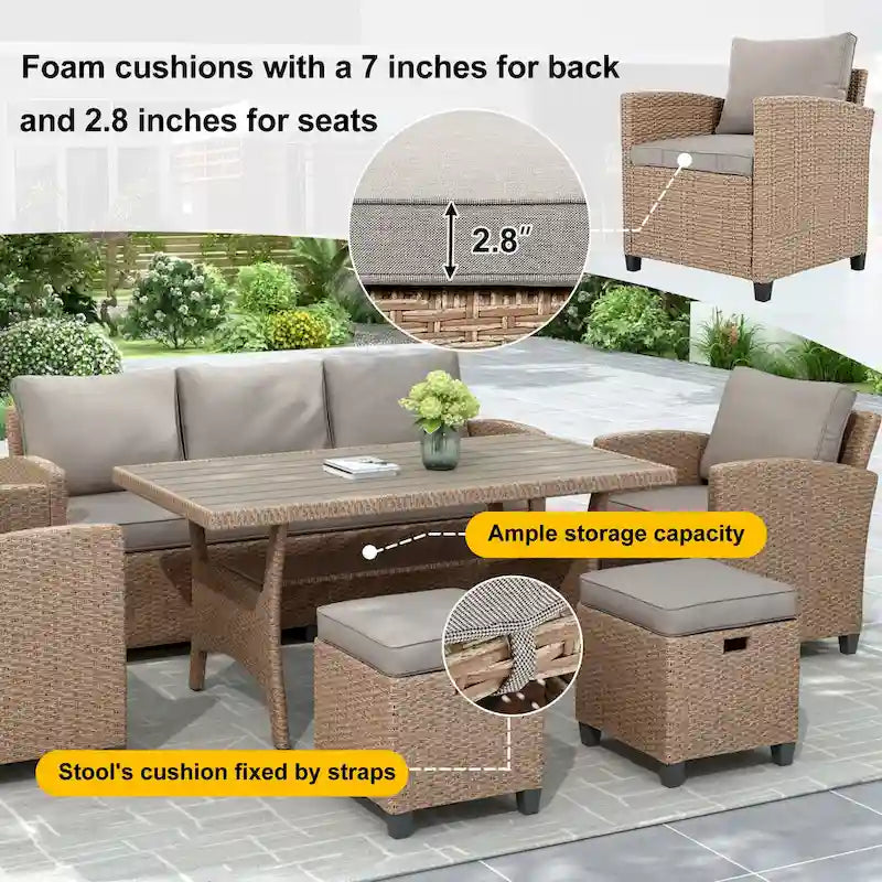 Ensemble de patio en rotin et osier 6 pièces, canapé, chaise, tabourets et table pour jardin et arrière-cour