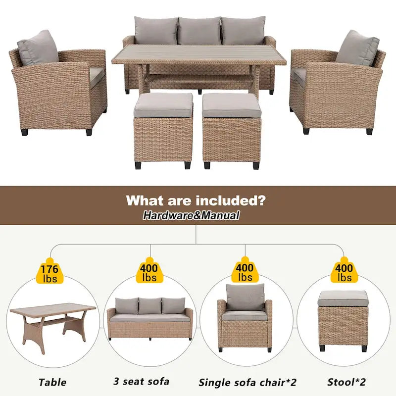 Ensemble de patio en rotin et osier 6 pièces, canapé, chaise, tabourets et table pour jardin et arrière-cour