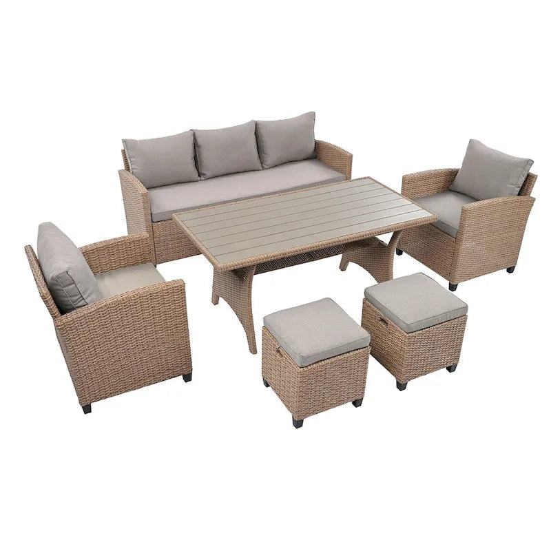 Ensemble de patio en rotin et osier 6 pièces, canapé, chaise, tabourets et table pour jardin et arrière-cour
