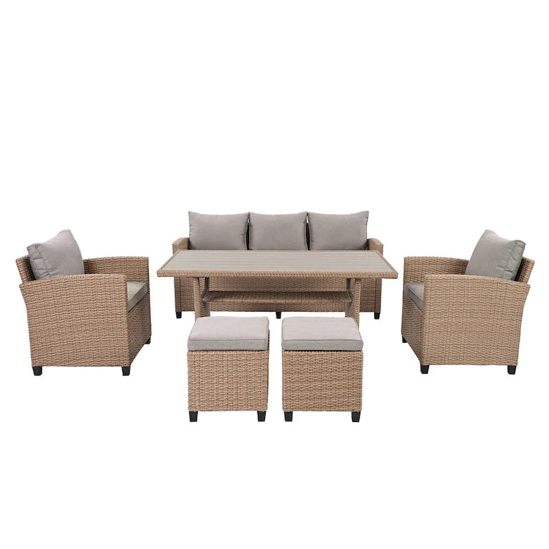 Ensemble de patio en rotin et osier 6 pièces, canapé, chaise, tabourets et table pour jardin et arrière-cour