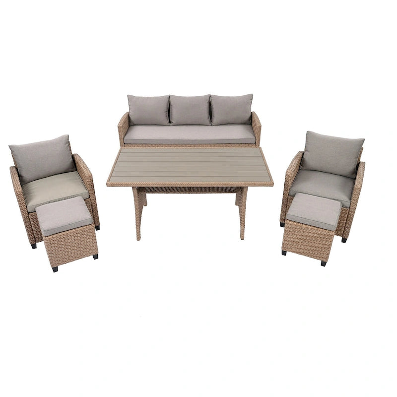 Ensemble de patio en rotin et osier 6 pièces, canapé, chaise, tabourets et table pour jardin et arrière-cour