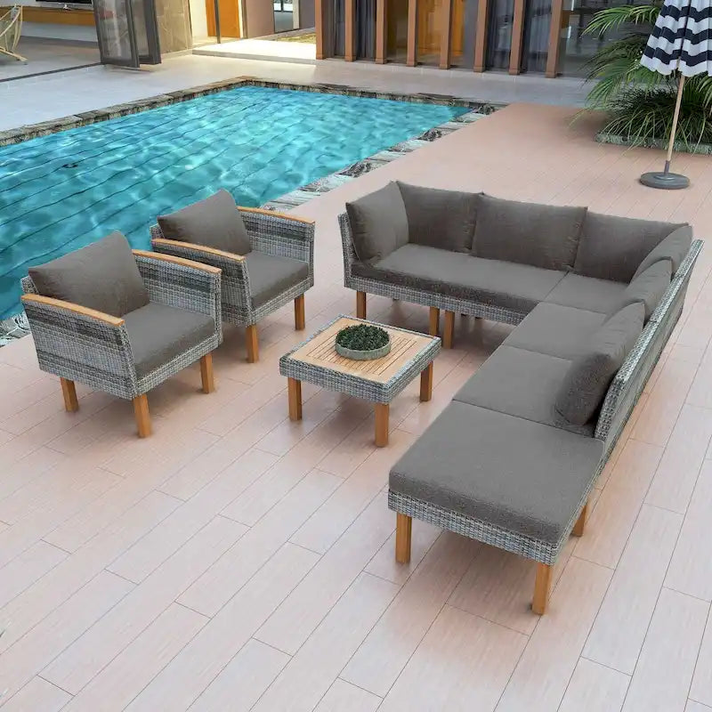 Salon de jardin 9 pièces en rotin avec coussins et table basse