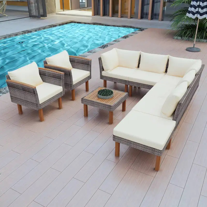 Salon de jardin 9 pièces en rotin avec coussins et table basse