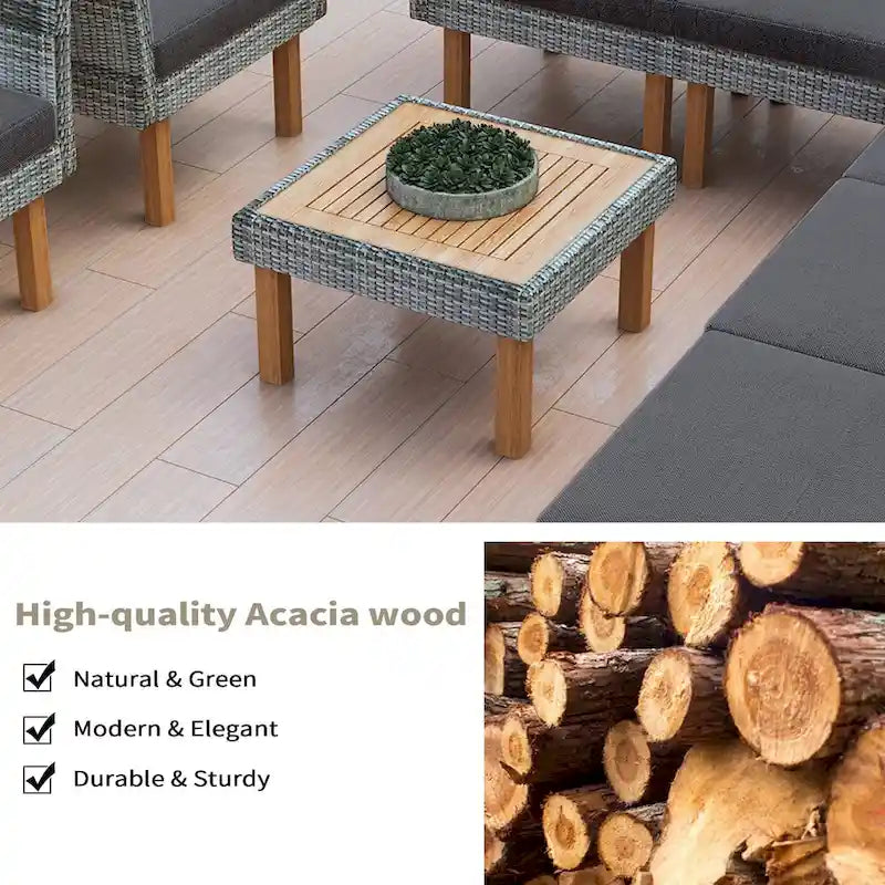 Salon de jardin 9 pièces en rotin avec coussins et table basse