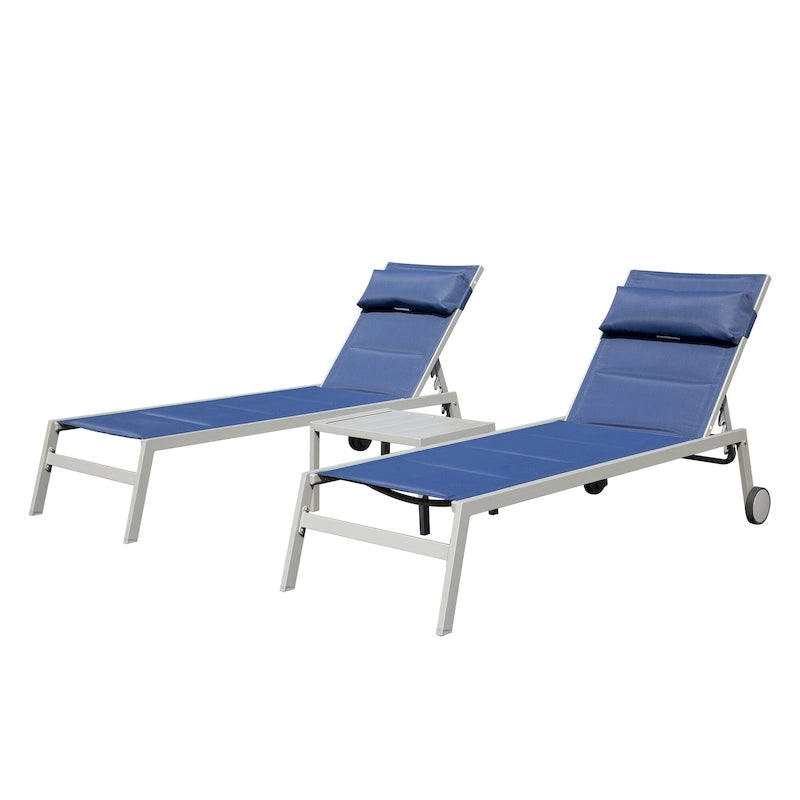 Ensemble de 3 chaises longues d'extérieur, chaises longues de piscine en aluminium avec table d'appoint et roulettes, rembourrées réglables pour piscine et plage